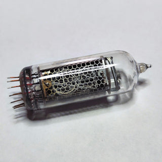 An IN-14 Nixie tube: the stacked wire digits behind the mesh anode