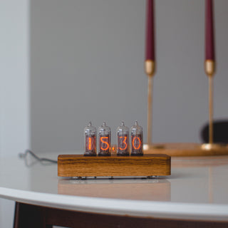 Nixie Tube Clock with Replaceable IN-14 Nixie Tubes, Motion Humidity Temperature Sensors, Dual RGB LED Backlight, Alarm Clock, Olive Ash Case