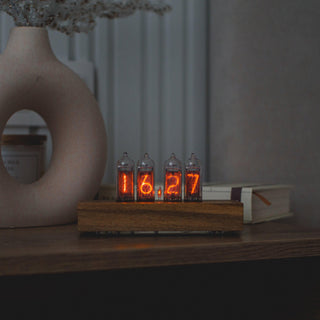 Nixie Tube Clock with Replaceable IN-14 Nixie Tubes, Motion Humidity Temperature Sensors, Dual RGB LED Backlight, Alarm Clock, Walnut Case - NIXIE STAR