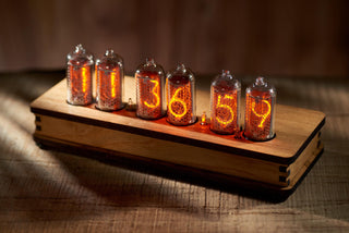 Six-tube IN-8 Nixie clock in laminated olive ash veneer