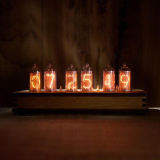 Six-tube IN-8 Nixie clock in laminated olive ash veneer