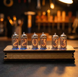 Six-tube IN-8 Nixie clock in laminated olive ash veneer