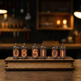 Six-tube IN-8 Nixie clock in laminated olive ash veneer
