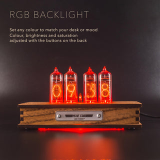 IN-14 Nixie clock with red RGB backlight glowing under the tubes and the case
