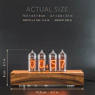 IN-14 Nixie tube clock in a solid walnut block case with square corners, size marked: 15.5 cm (6.1 in) long, 6.5 cm deep, 8 cm (3.1 in) high, 300 g