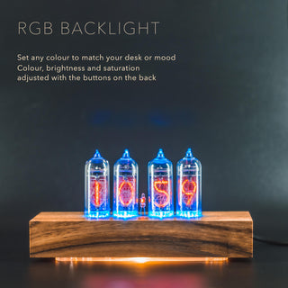 IN-14 Nixie clock with RGB backlight in the solid walnut block case with square corners