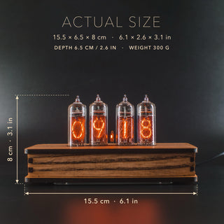 IN-14 Nixie tube clock in a layered olive ash case, size marked: 15.5 cm (6.1 in) long, 6.5 cm deep, 8 cm (3.1 in) high, 300 g
