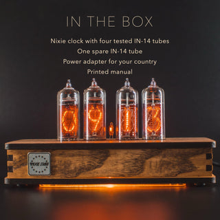 What comes in the box: the IN-14 Nixie clock, one spare IN-14 tube, a power adapter and a printed manual