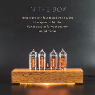 What comes in the box: the IN-14 Nixie clock, one spare IN-14 tube, a power adapter and a printed manual