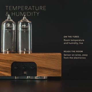 Nixie clock with a temperature and humidity sensor, readings shown on the tubes