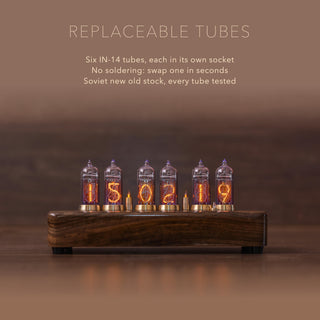 Six-tube IN-14 Nixie clock: six tubes in sockets, swapped by hand without soldering, Soviet new old stock, every tube tested