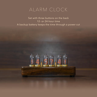 Six-tube IN-14 Nixie clock with alarm, set with three buttons on the back, 12- or 24-hour time, backup battery