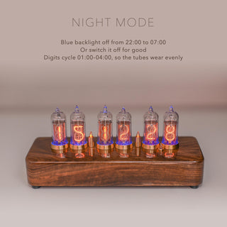 Six-tube IN-14 Nixie clock with blue backlight: off from 22:00 to 07:00 or for good; digits cycle at night so the tubes wear evenly