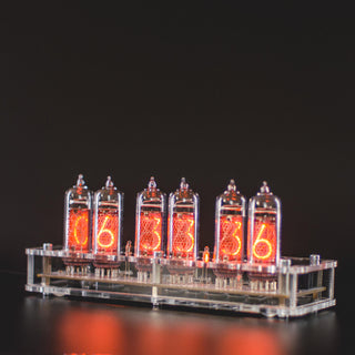 Clear acrylic six-tube Nixie clock seen at an angle, tubes glowing