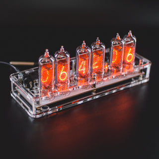 Clear acrylic Nixie clock at an angle, six orange IN-14 digits