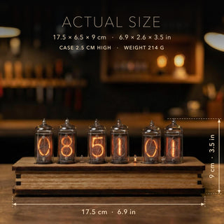 Six-tube IN-8 Nixie clock in olive ash veneer with its size marked: 17.5 cm (6.9 in) long, 6.5 cm deep, 9 cm high with the tubes, case 2.5 cm, weight 214 g