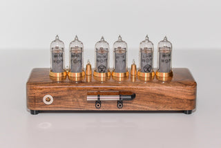 Back of the walnut Nixie clock with the power socket and the setting buttons