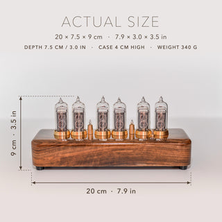 Six-tube IN-14 Nixie clock with its size marked: 20 cm (7.9 in) long, 7.5 cm deep, 9 cm high with the tubes, case 4 cm, weight 340 g