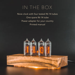 What comes in the box: the IN-14 Nixie clock, one spare IN-14 tube, a power adapter and a printed manual