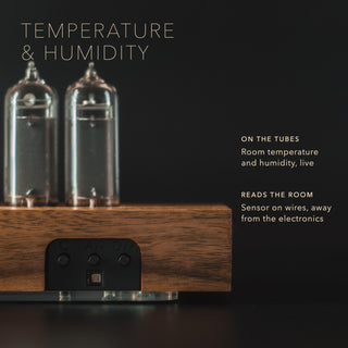 Nixie clock with a temperature and humidity sensor, readings shown on the tubes