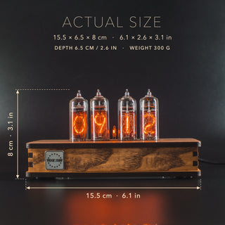 IN-14 Nixie tube clock in a vintage olive ash case with the Nixie Star badge, size marked: 15.5 cm (6.1 in) long, 6.5 cm deep, 8 cm (3.1 in) high, 300 g