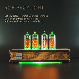 IN-14 Nixie clock with RGB backlight in the vintage olive ash case with the Nixie Star badge