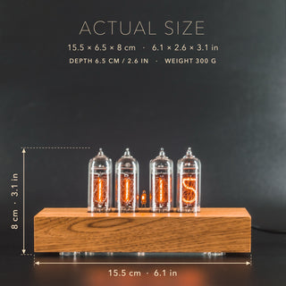 IN-14 Nixie tube clock in a solid ash block case, size marked: 15.5 cm (6.1 in) long, 6.5 cm deep, 8 cm (3.1 in) high, 300 g