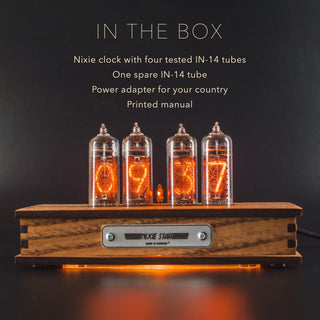 What comes in the box: the IN-14 Nixie clock, one spare IN-14 tube, a power adapter and a printed manual