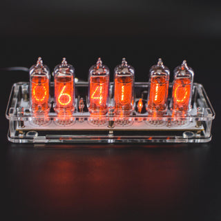 Six-tube IN-14 Nixie clock from above, the board visible through the clear acrylic