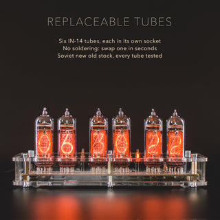 Six-tube IN-14 Nixie clock in clear acrylic: six tubes in sockets, swapped by hand without soldering, Soviet new old stock, every tube tested