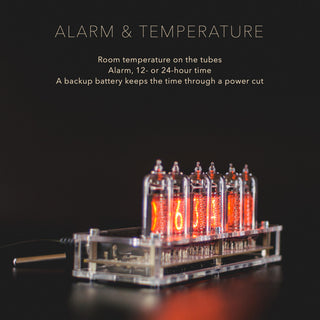 Acrylic six-tube Nixie clock with temperature sensor: room temperature on the tubes, alarm, 12/24-hour time, backup battery