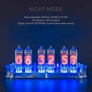 Acrylic six-tube IN-14 Nixie clock with blue backlight: off from 22:00 to 07:00 or for good; digits cycle at night