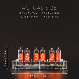 Six-tube IN-14 Nixie clock in clear acrylic with its size marked: 17.5 cm (6.9 in) long, 6.5 cm deep, 9 cm high with the tubes, case 2.5 cm, weight 214 g